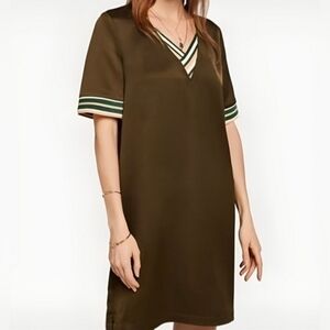 Scotch & Soda Olive Satin Shift Dress with Green & White Trim Small